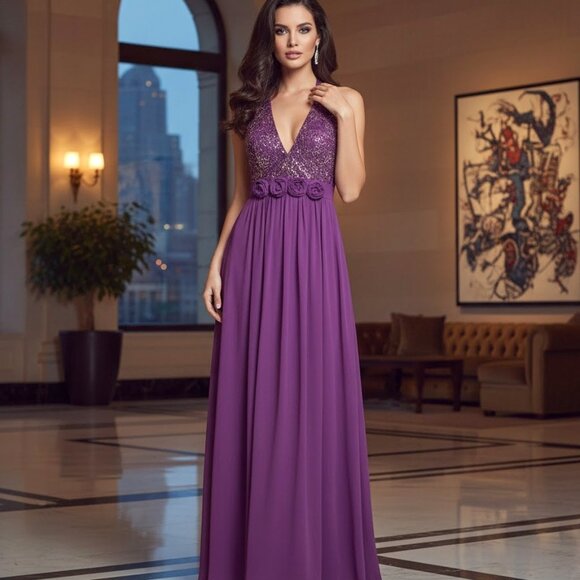 Grape plum purple rose halter maxi dress gown 10 - Picture 1 of 9